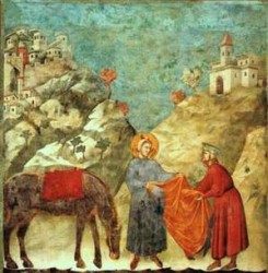 Giotto, Basilica superiore di San Francesco d'Assisi, particolare, affresco, scena in cui San Francesco dona il mantello ad un povero. Fonte google.it